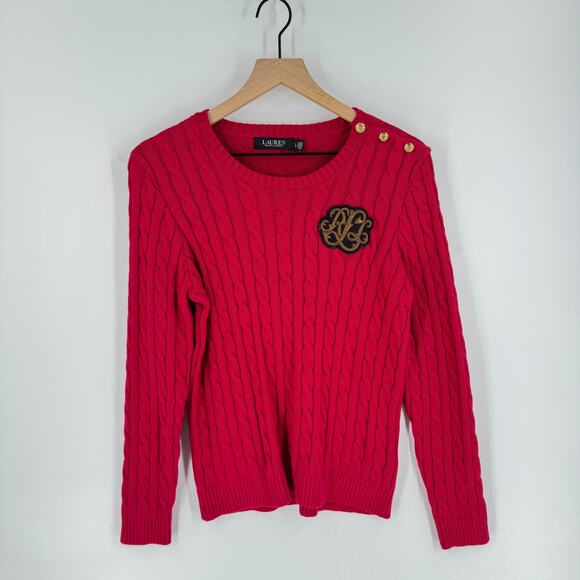 Lauren Ralph Lauren Red Cable Knit Sweater Gold Crest Logo Patch Size Large - Picture 8 of 8